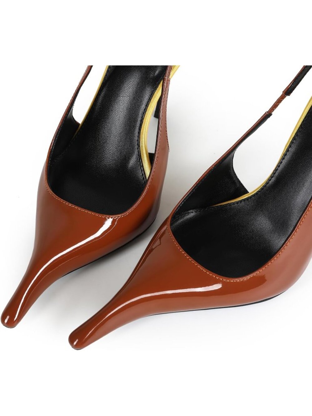 Women's Brown Patent Leather Pointed Close Toe Stiletto High Heels Backless - Picture 2 of 7